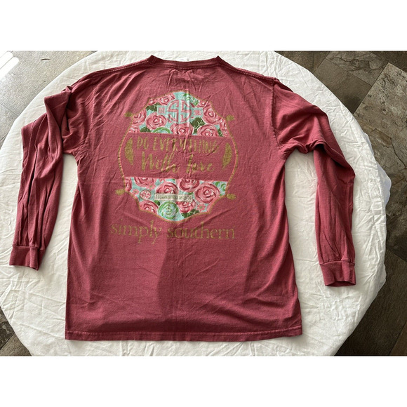 Simply Southern Long Sleeve Deep Pink Long Sleeve Large T-Shirt, Graphic w/Roses - Picture 11 of 12